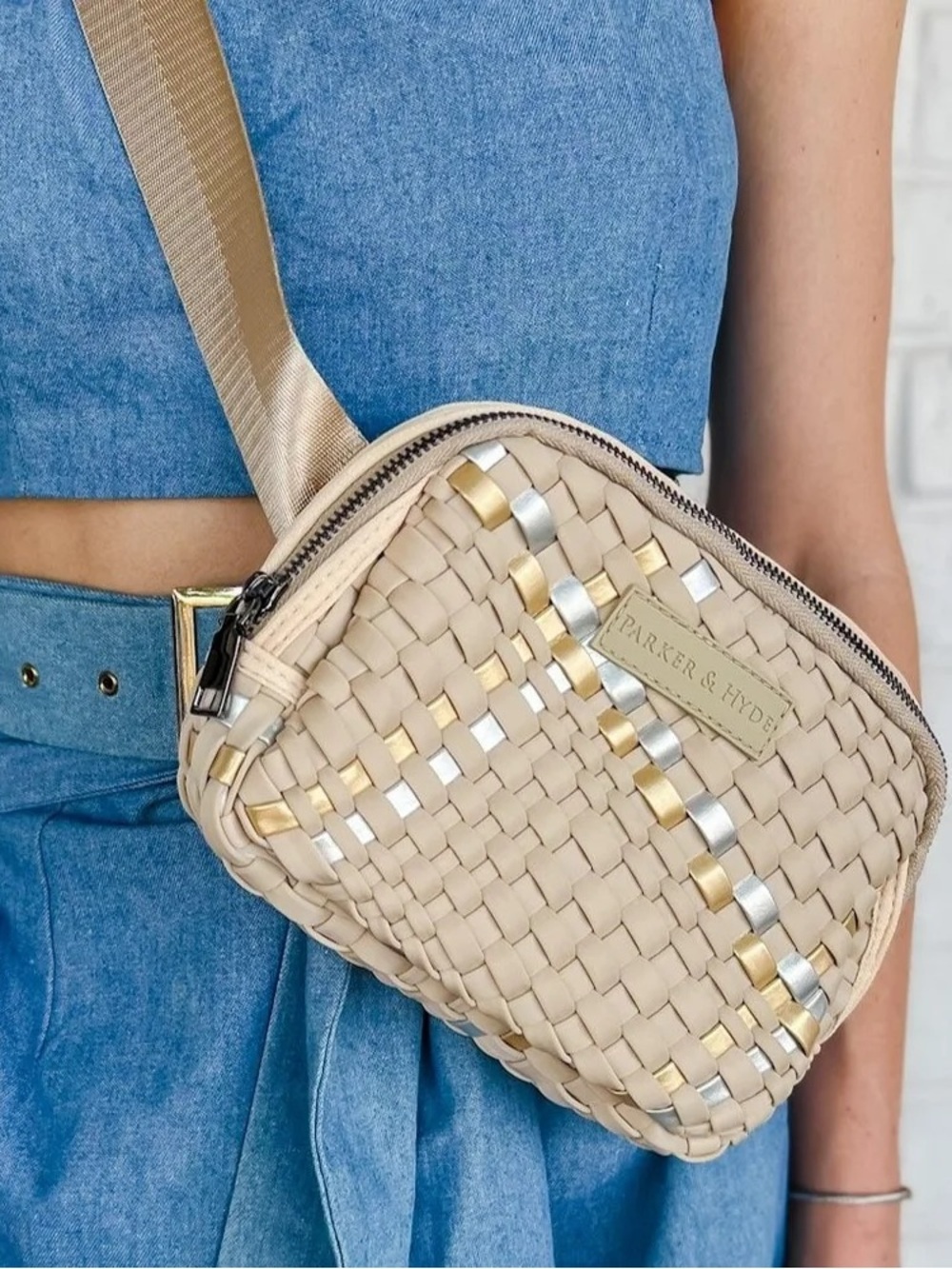 Parker & Hyde Woven Belt Bag in Beige Metallic